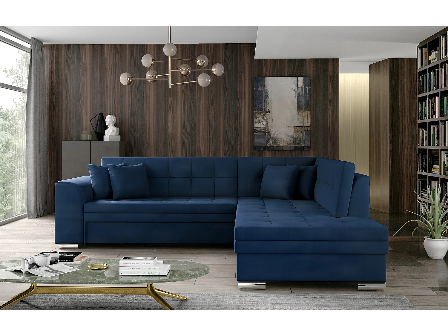 Canapé convertible angle droit velours bleu marine et chromé Pika 260cm