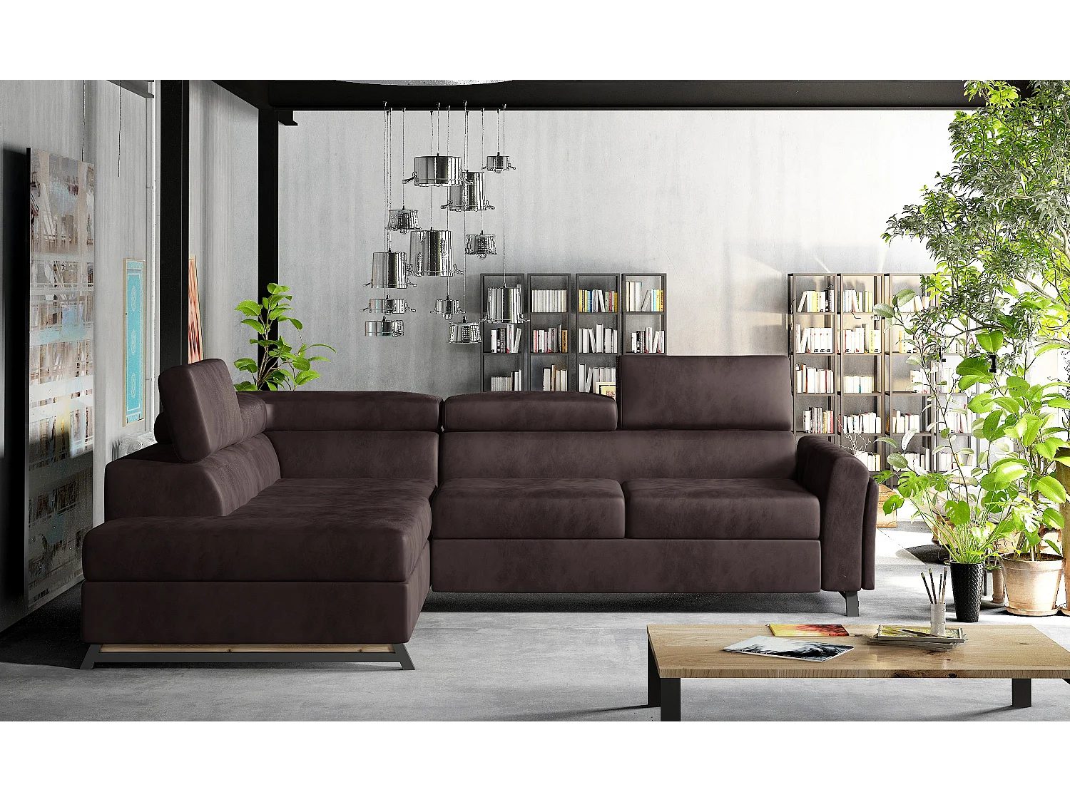 Canapé angle gauche convertible velours noir avec têtières réglables Nikos 265cm