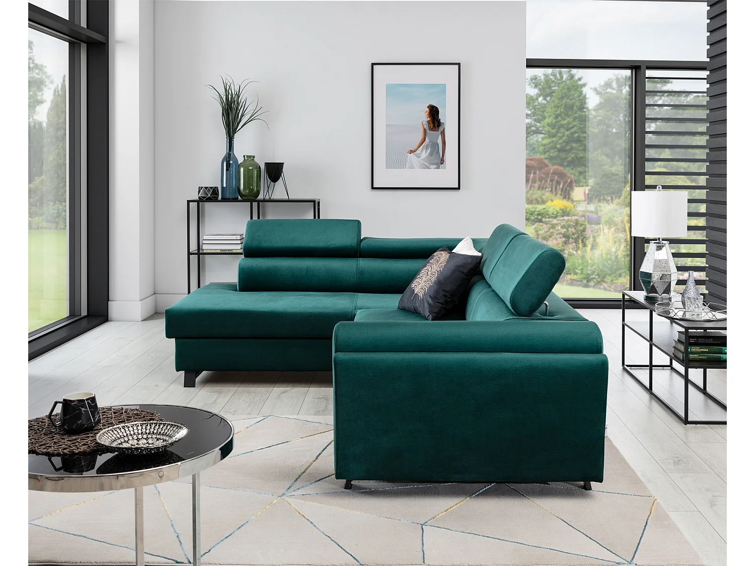 Canapé angle gauche convertible velours noir avec têtières réglables Nikos 265cm