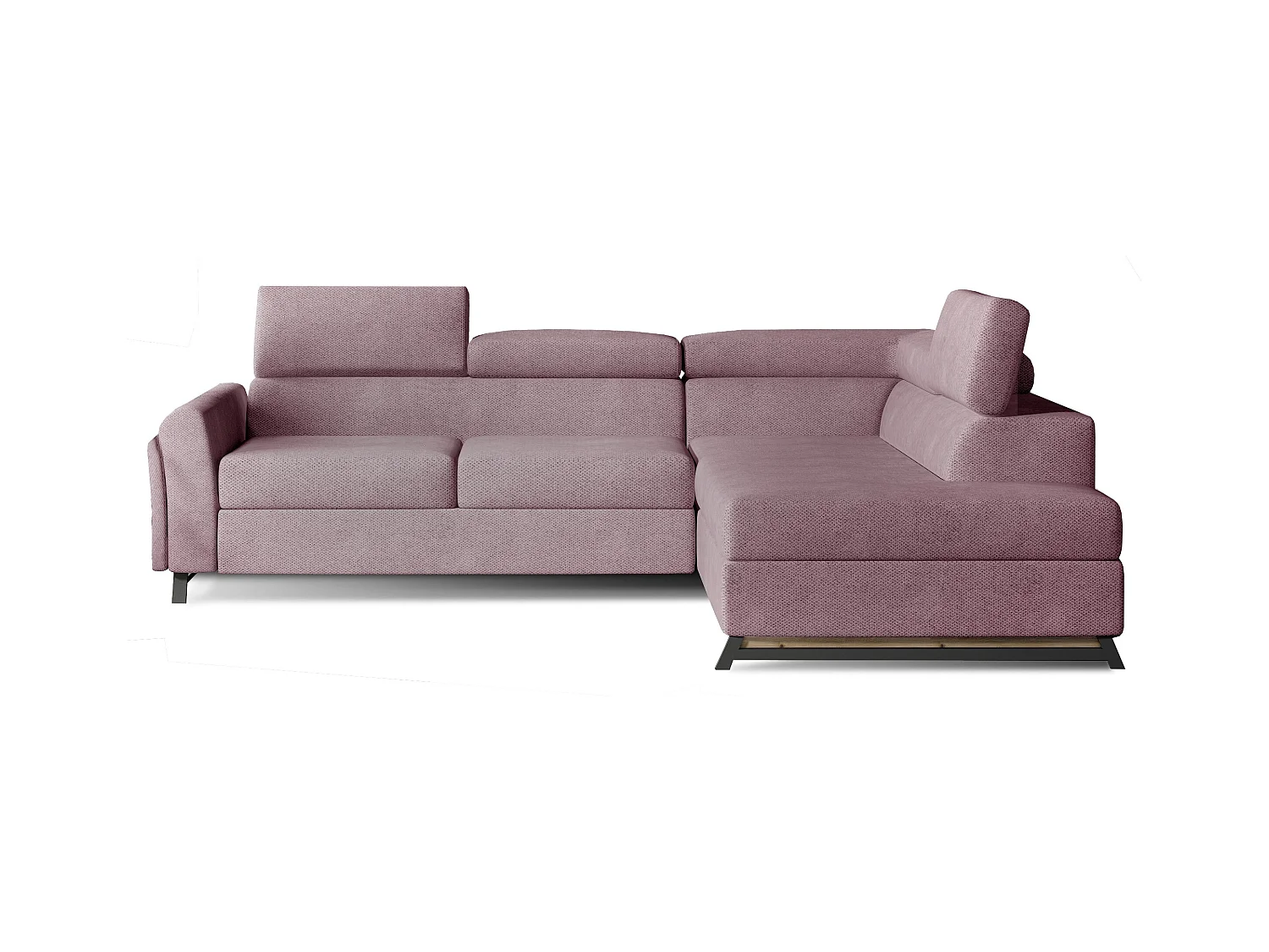 Canapé angle droit convertible tissu rose clair avec têtières réglables Nikos 265cm