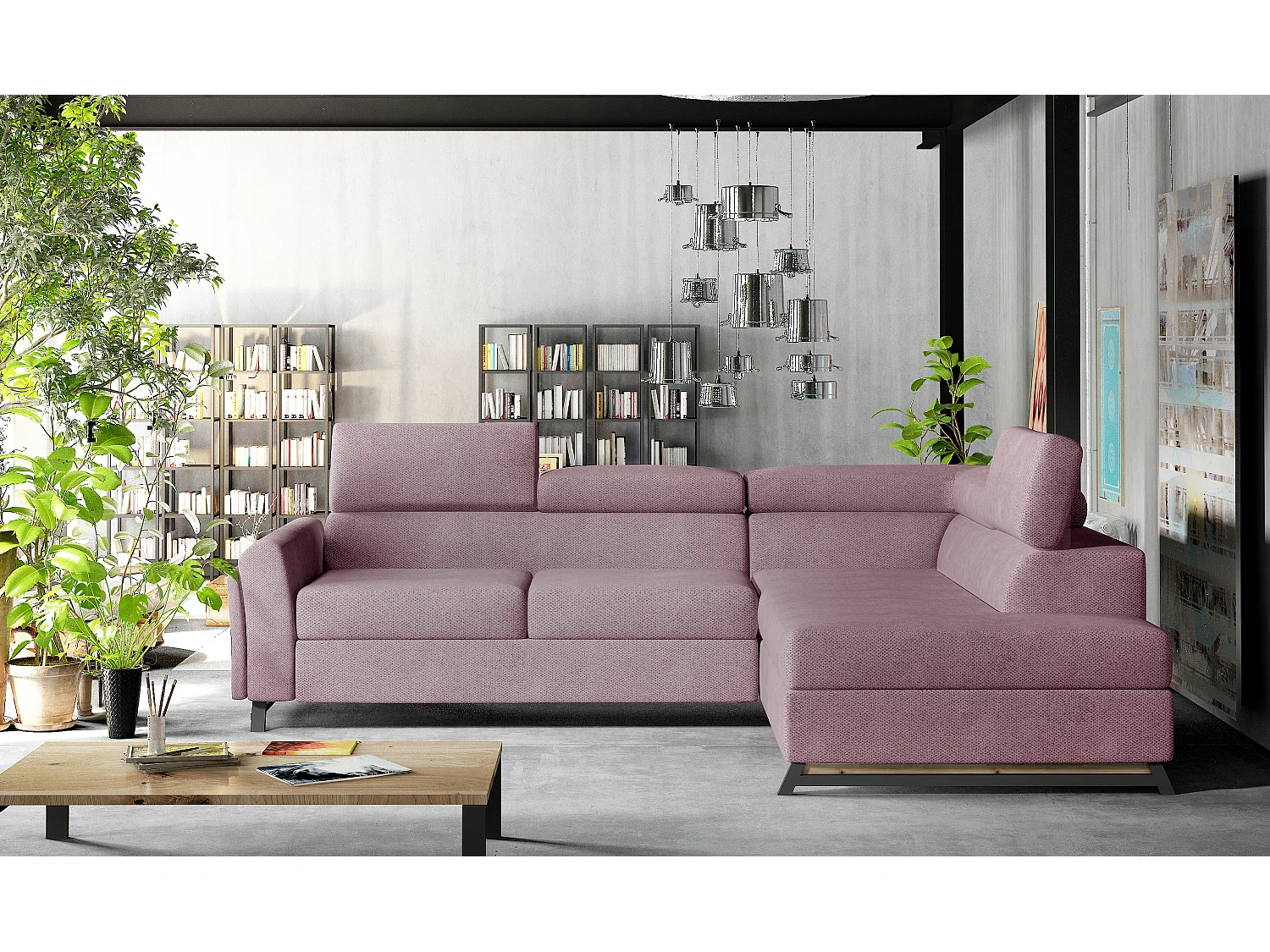 Canapé angle droit convertible tissu rose clair avec têtières réglables Nikos 265cm