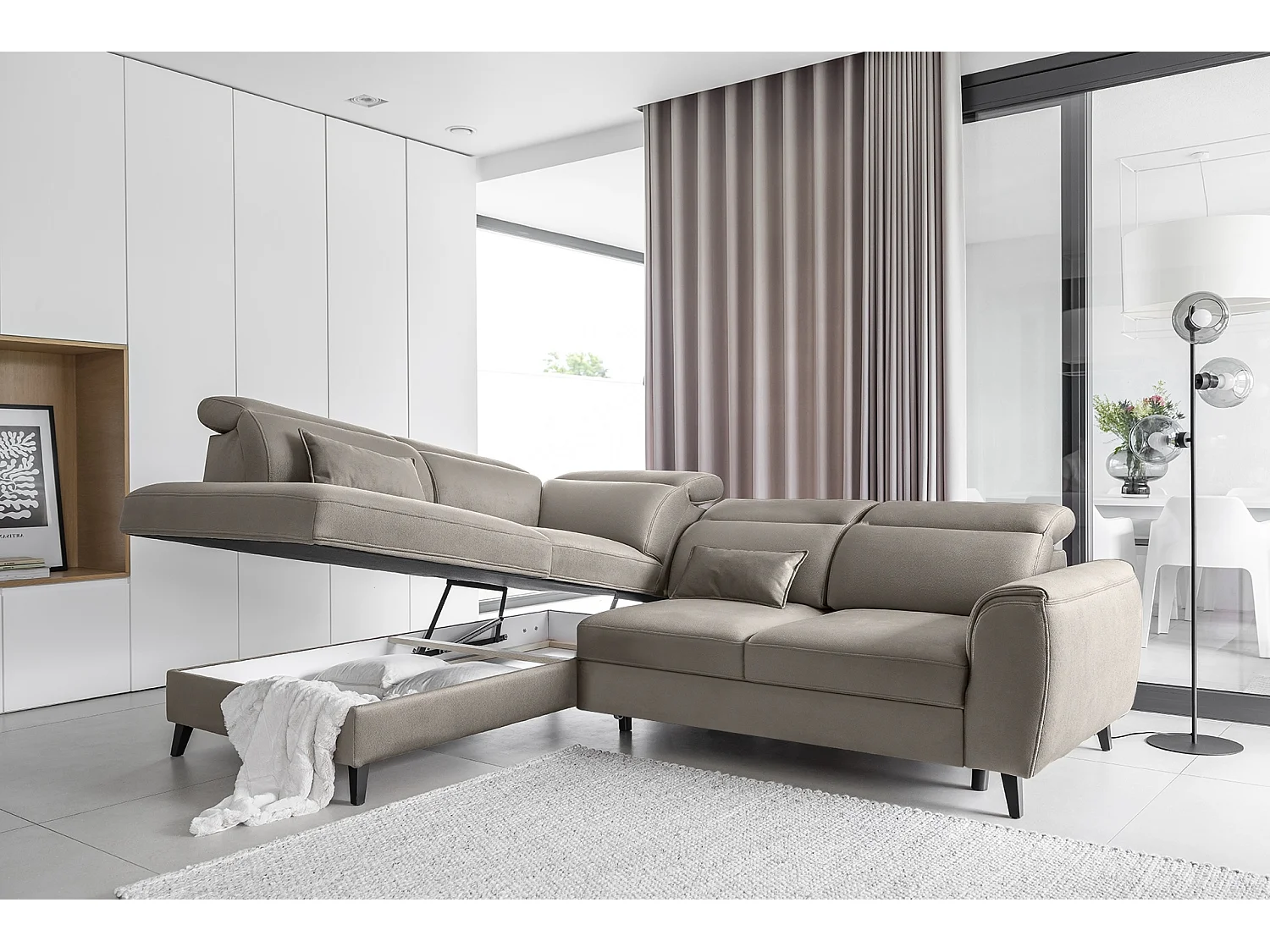 Canapé d'angle convertible avec rangement tissu NOBLESSE - Pieds bois noir-Marron-angle gauche