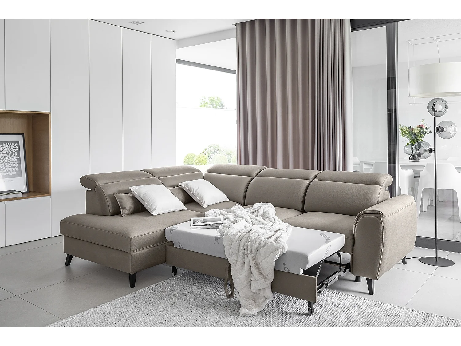 Canapé d'angle convertible avec rangement tissu NOBLESSE - Pieds bois noir-Marron-angle gauche