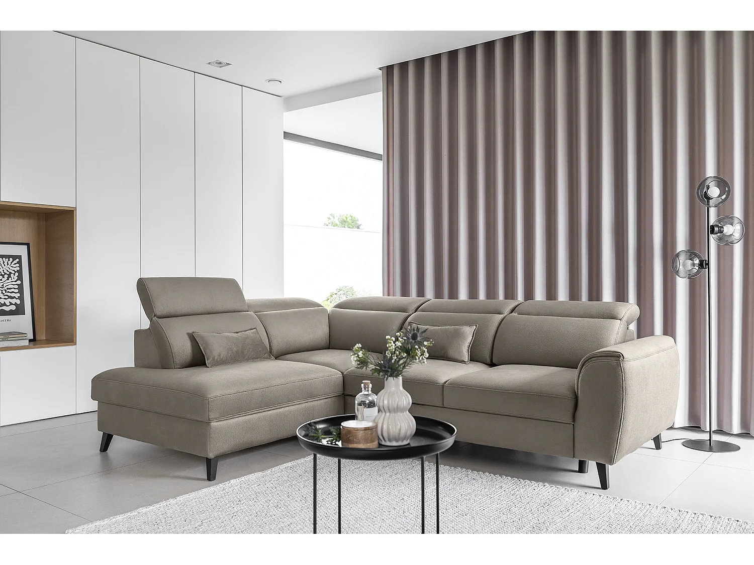 Canapé d'angle convertible avec rangement tissu NOBLESSE - Pieds bois noir-Marron-angle gauche