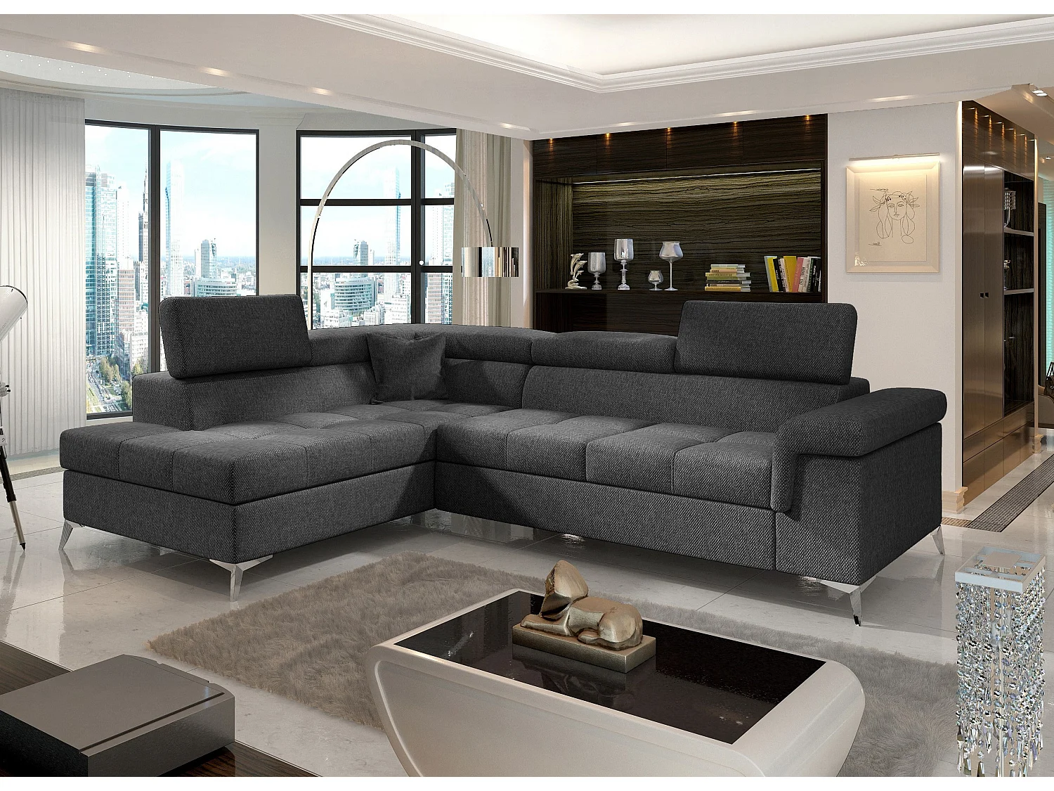 Canapé d'angle gauche convertible tissu gris chiné Marido 275cm