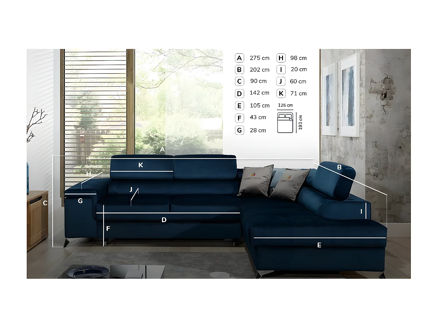 Canapé d'angle gauche convertible tissu gris chiné Marido 275cm