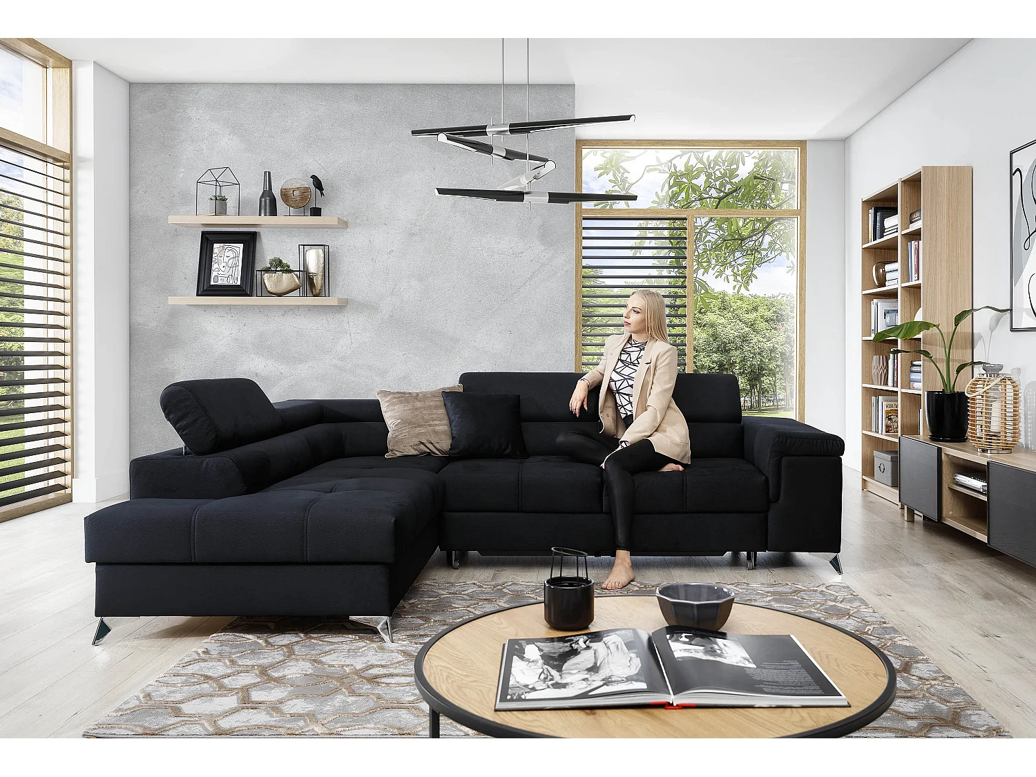 Canapé d'angle gauche convertible tissu gris chiné Marido 275cm