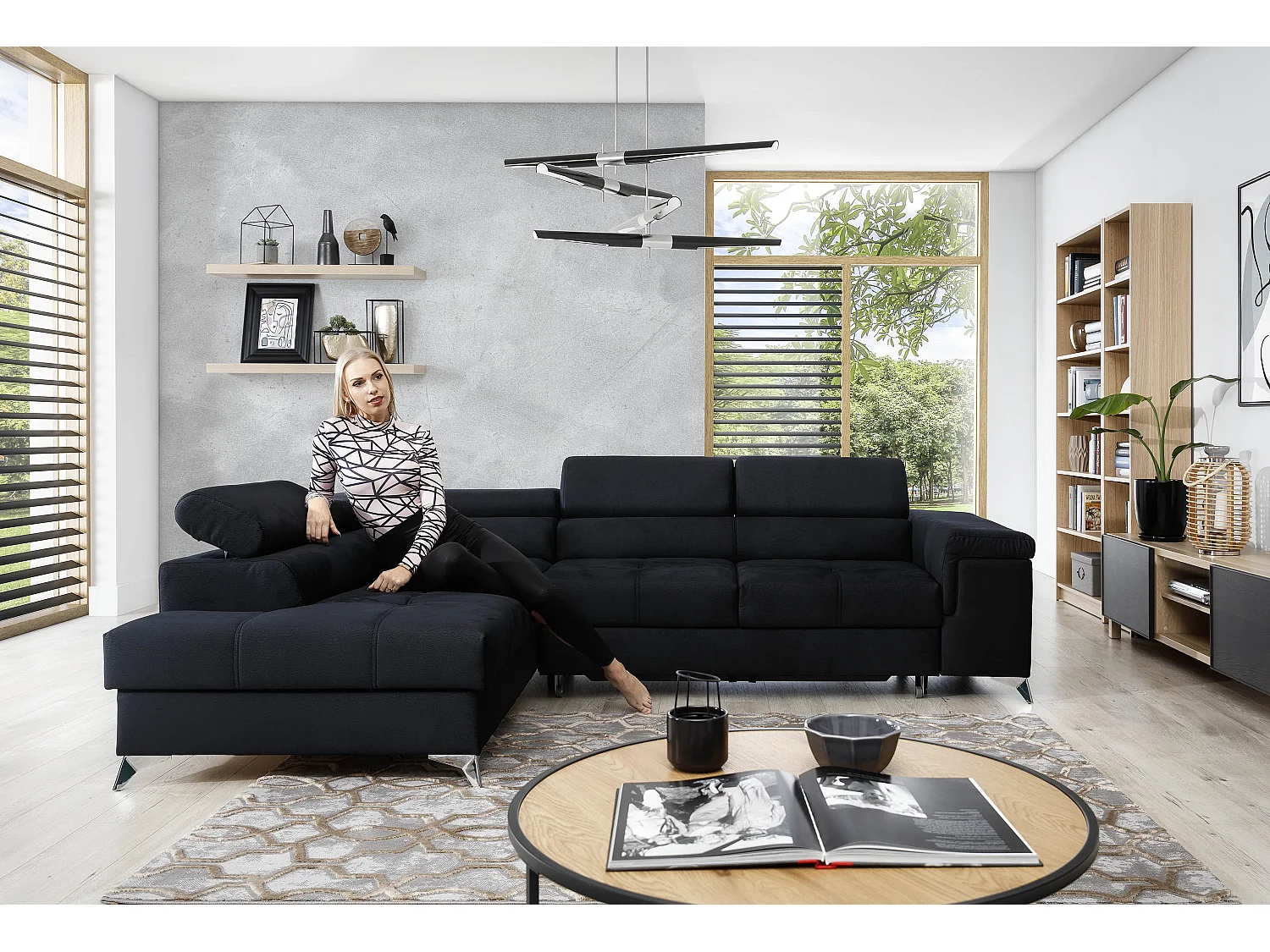 Canapé d'angle gauche convertible tissu gris chiné Marido 275cm