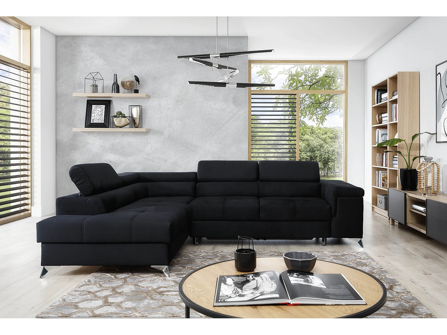 Canapé d'angle gauche convertible tissu gris chiné Marido 275cm