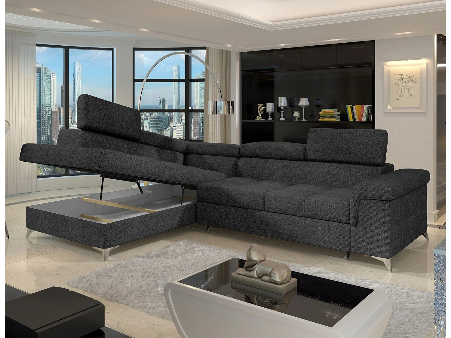 Canapé d'angle convertible tissu MARIDO - Coffre et appuis-tête réglables-Gris foncé-angle gauche