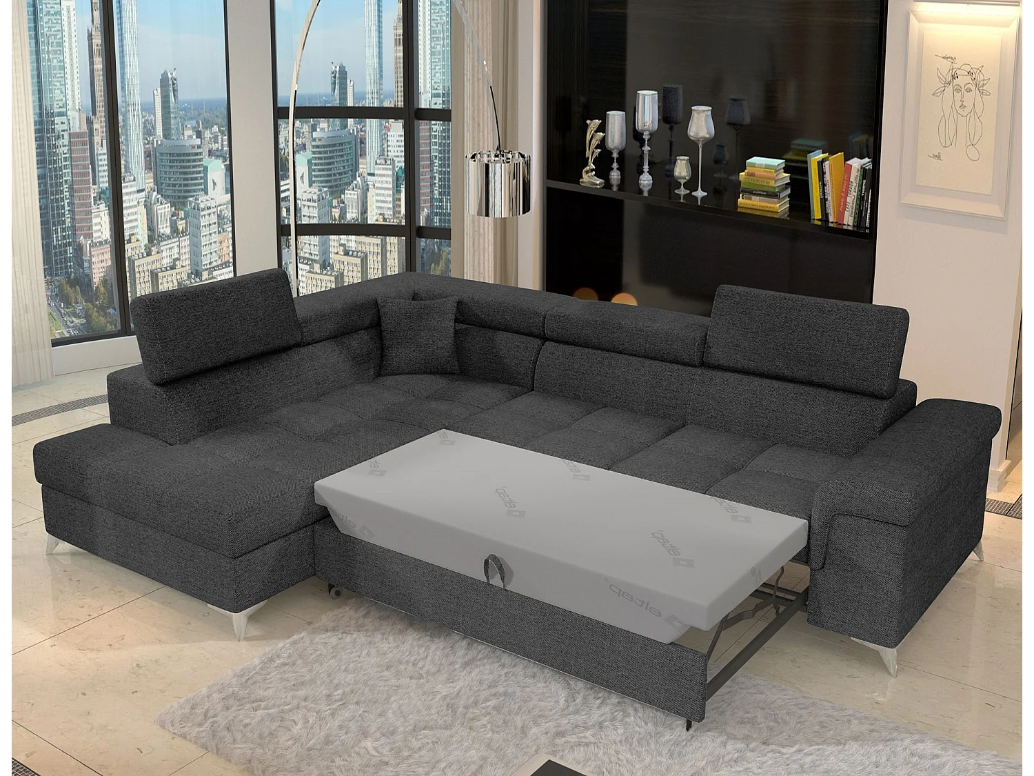 Canapé d'angle convertible tissu MARIDO - Coffre et appuis-tête réglables-Gris foncé-angle gauche