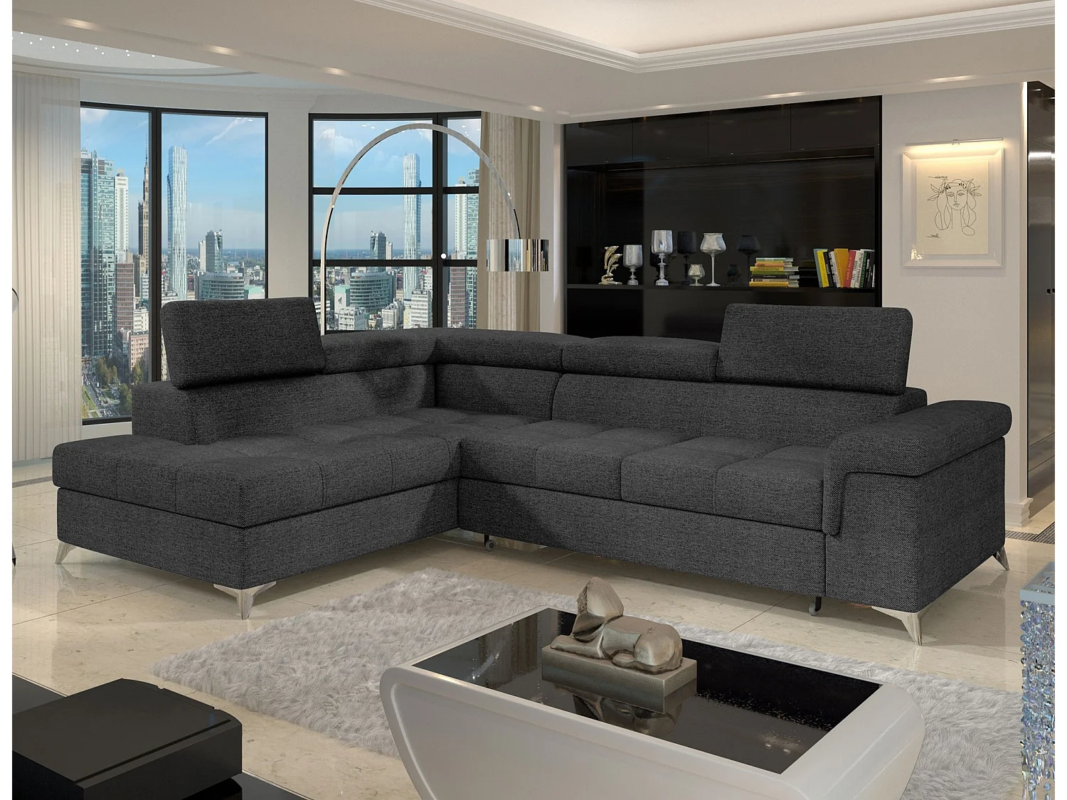 Canapé d'angle convertible tissu MARIDO - Coffre et appuis-tête réglables-Gris foncé-angle gauche