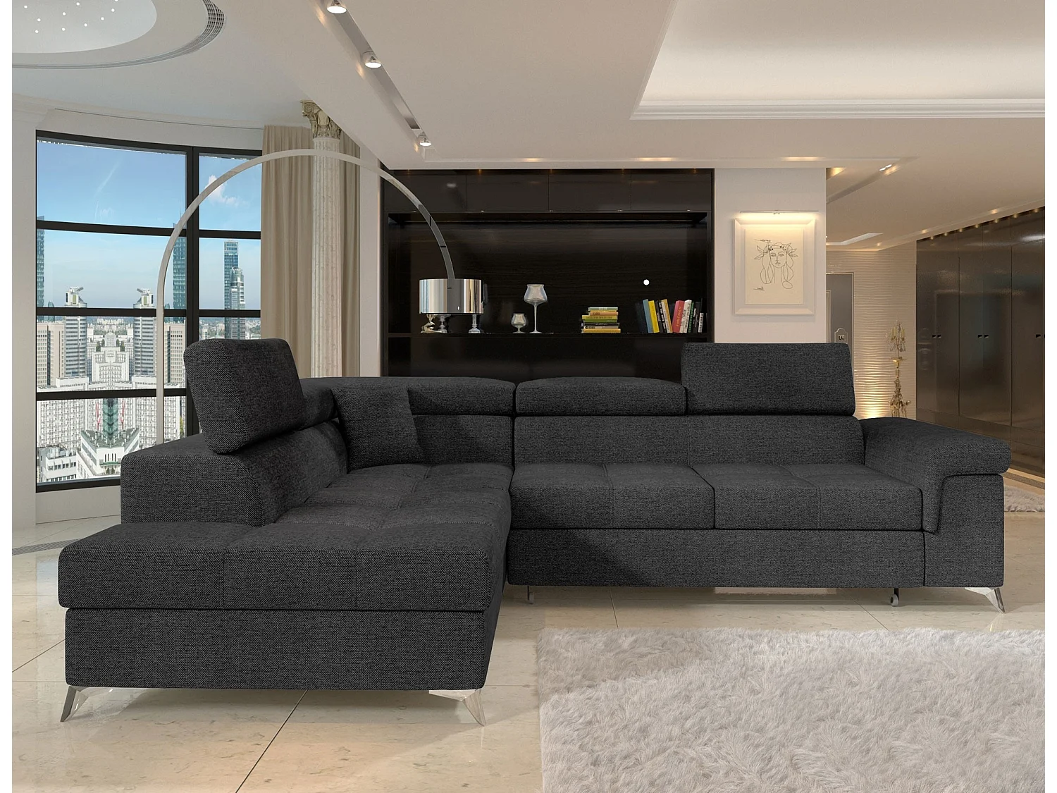 Canapé d'angle convertible tissu MARIDO - Coffre et appuis-tête réglables-Gris foncé-angle gauche