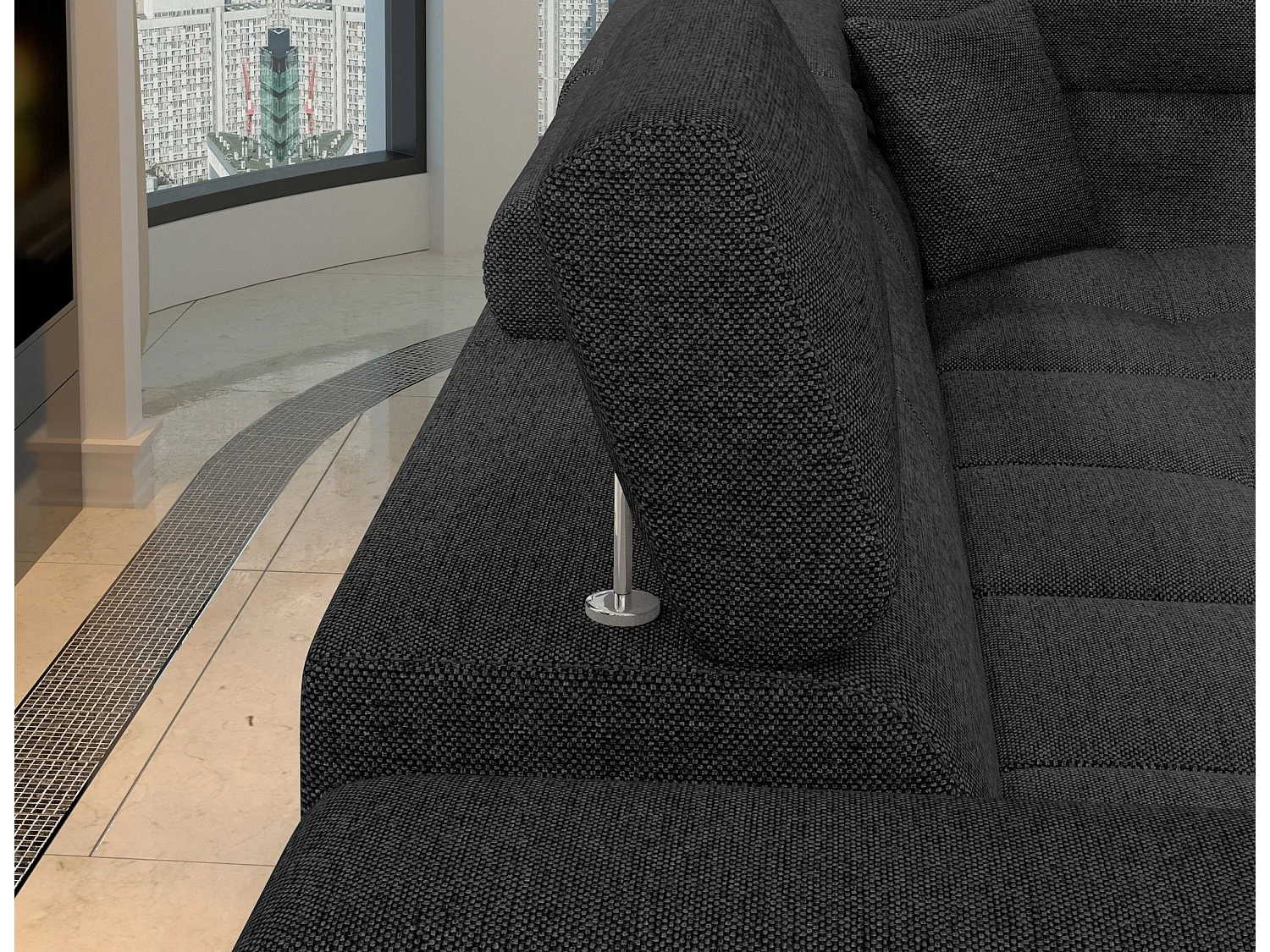 Canapé d'angle convertible tissu MARIDO - Coffre et appuis-tête réglables-Gris foncé-angle gauche