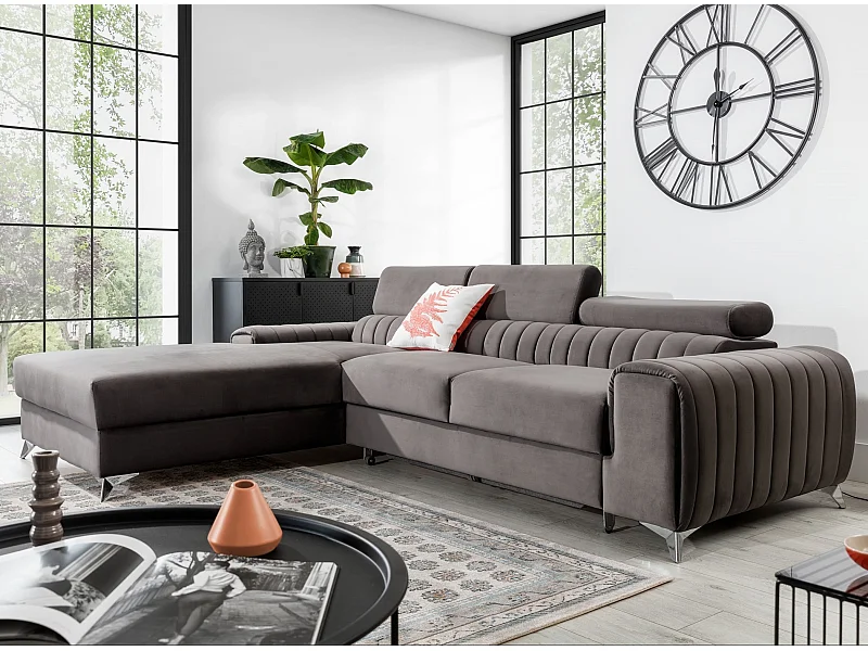 Canapé convertible angle gauche velours gris Grenky 276cm