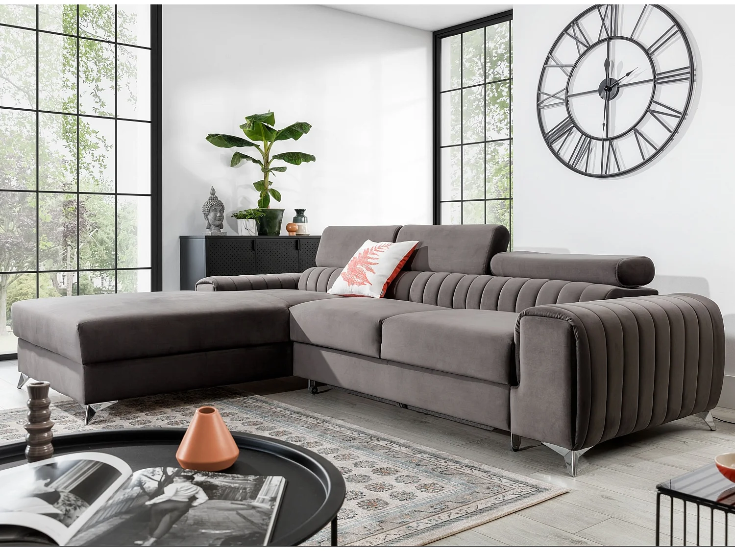 Canapé convertible angle gauche velours gris Grenky 276cm