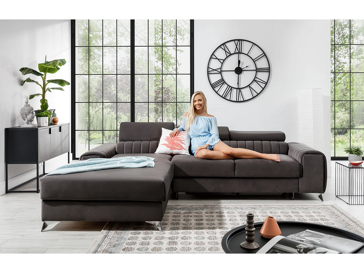 Canapé convertible angle gauche velours gris Grenky 276cm