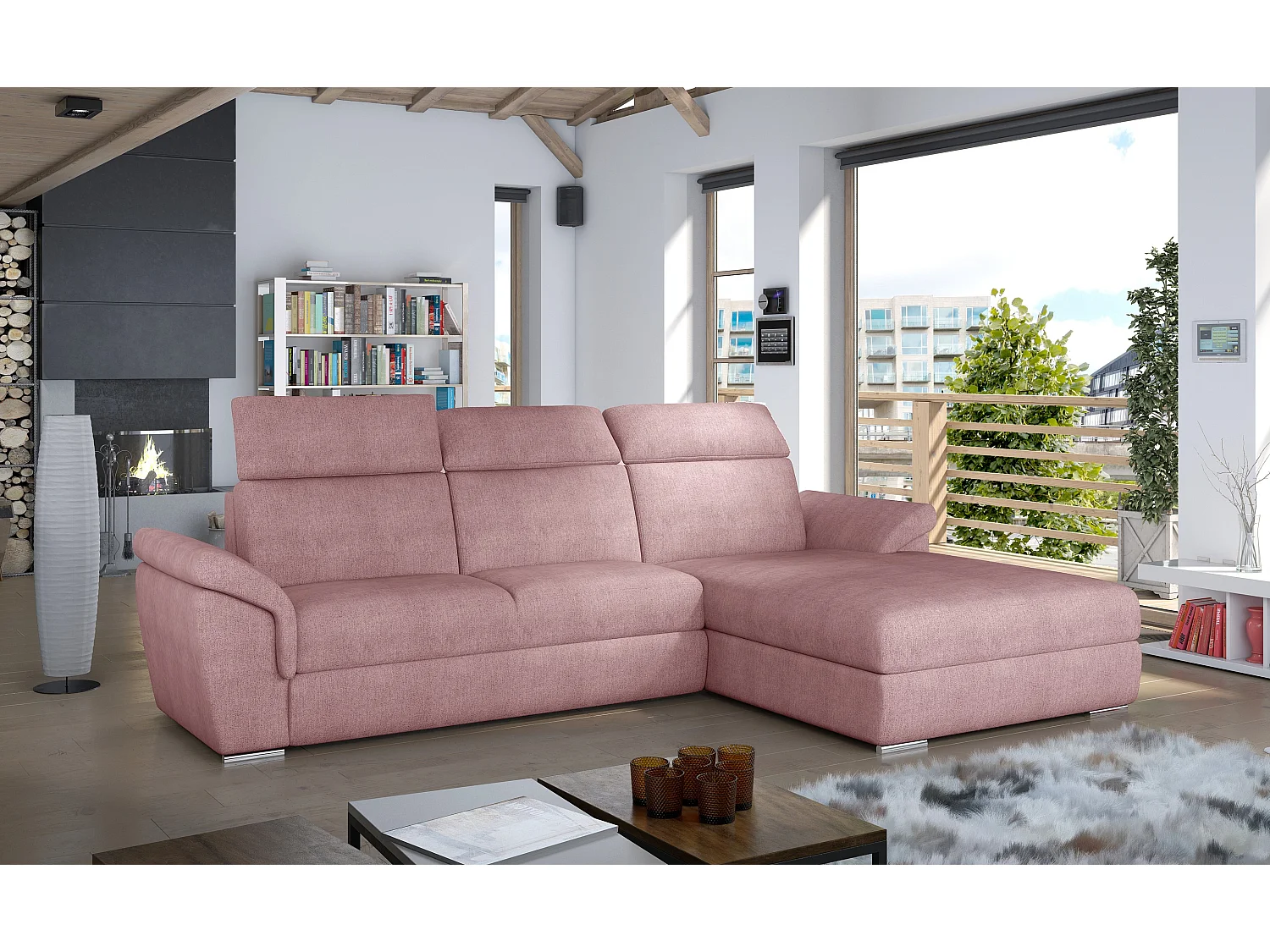 Canapé convertible d'angle droit tissu rose têtières réglables Suzy 272cm