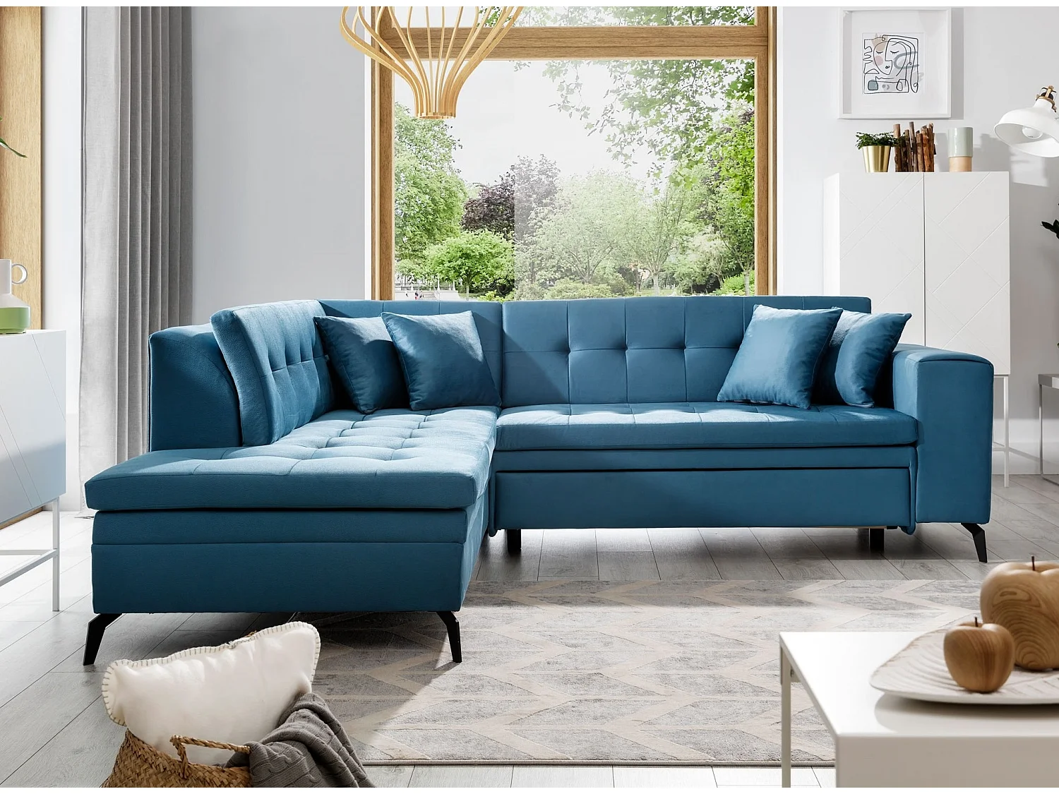 Canapé convertible capitonné angle gauche tissu bleu canard Larry 260cm