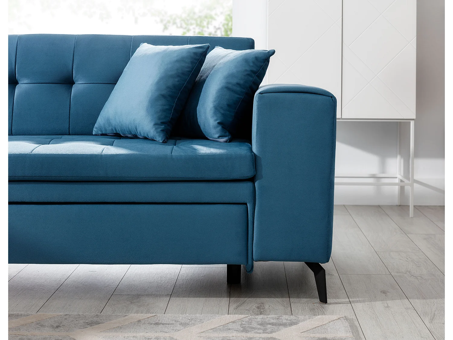 Canapé convertible capitonné angle gauche tissu bleu canard Larry 260cm