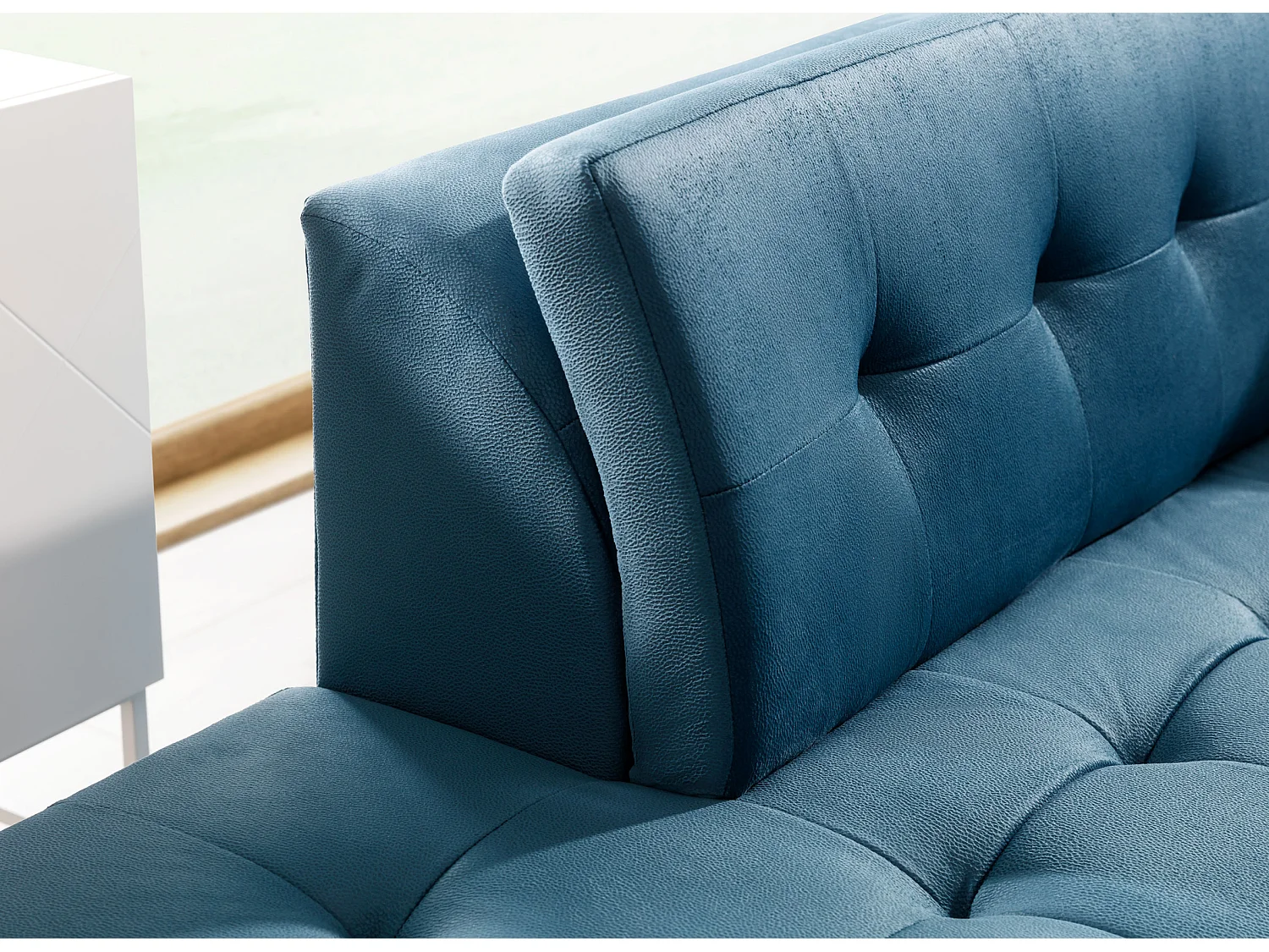 Canapé convertible capitonné angle gauche tissu bleu canard Larry 260cm