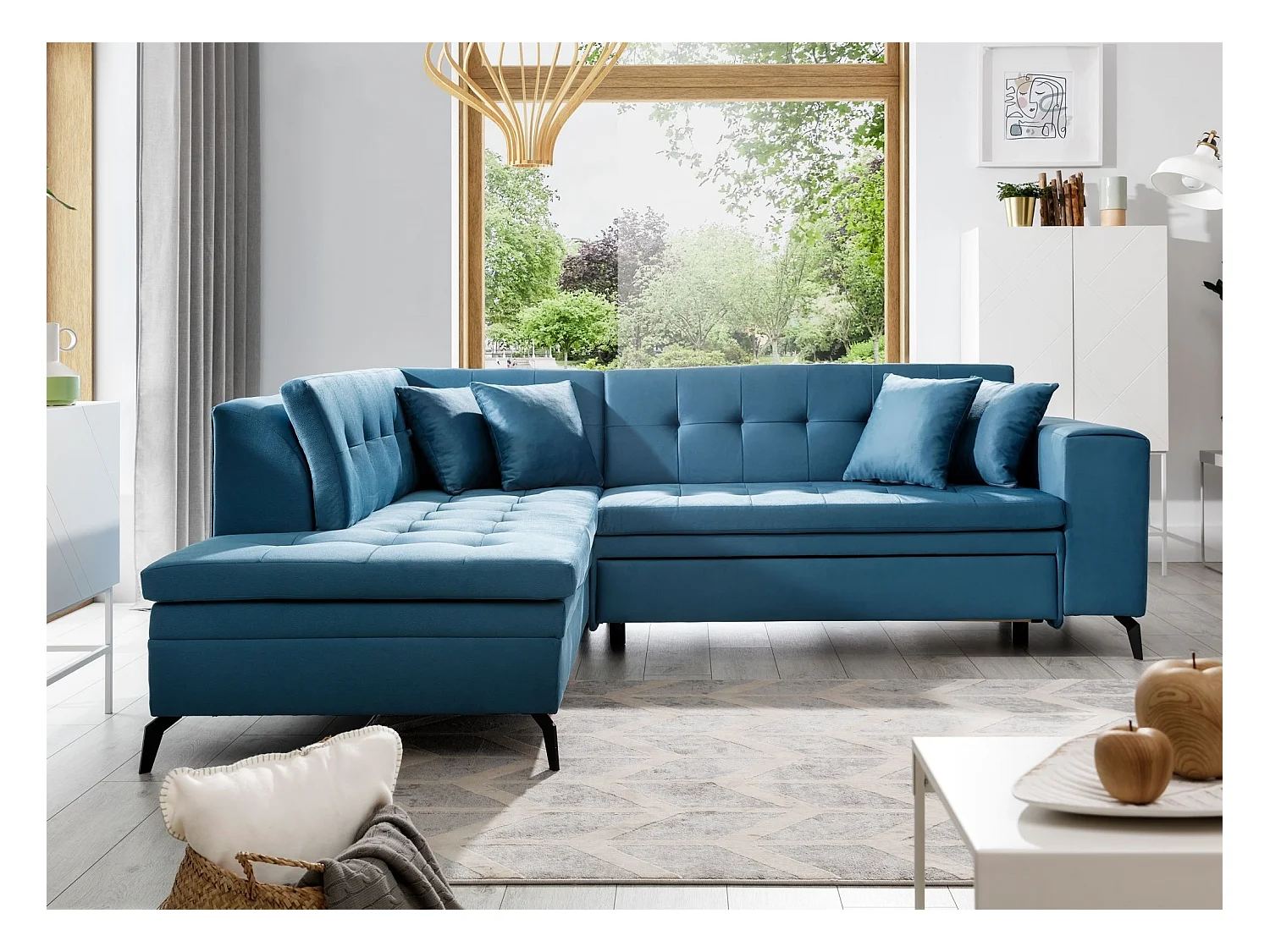 Canapé convertible capitonné angle gauche tissu bleu canard Larry 260cm