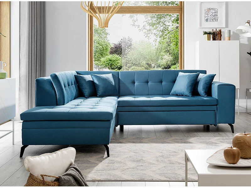 Canapé convertible capitonné angle gauche tissu bleu canard Larry 260cm