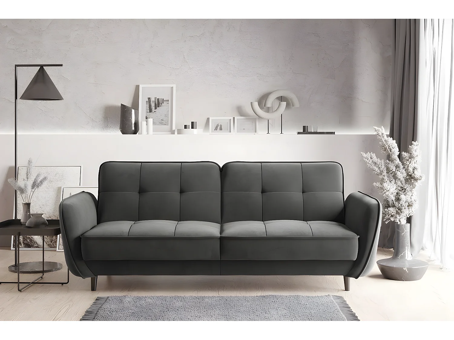 Canapé convertible 3 places velours anthracite capitonné et pieds bois noir Bizza 220cm