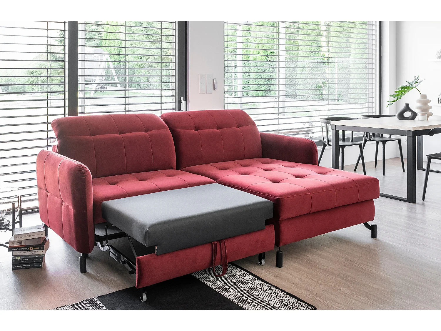 Rechthoekige slaapbank met verstelbare hoofdsteunen Lory grijze gewatteerde stof 225 cm