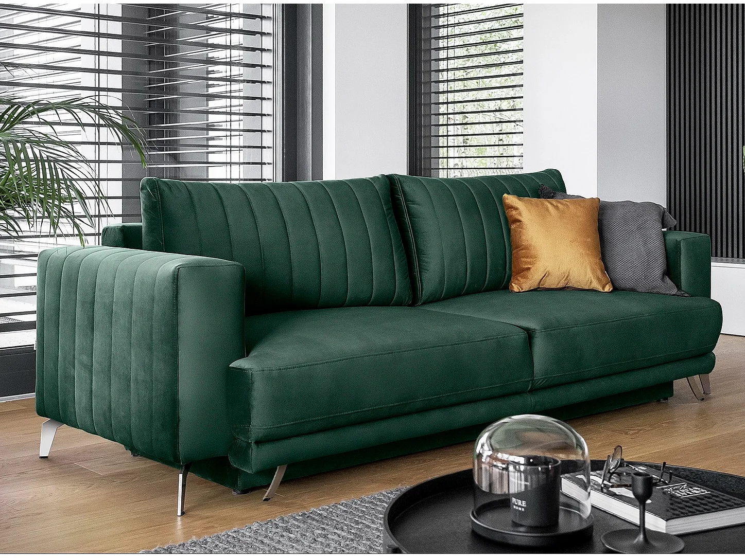 Canapé convertible design 3-4 places velours vert anglais et pieds acier chromé Eliza 250cm