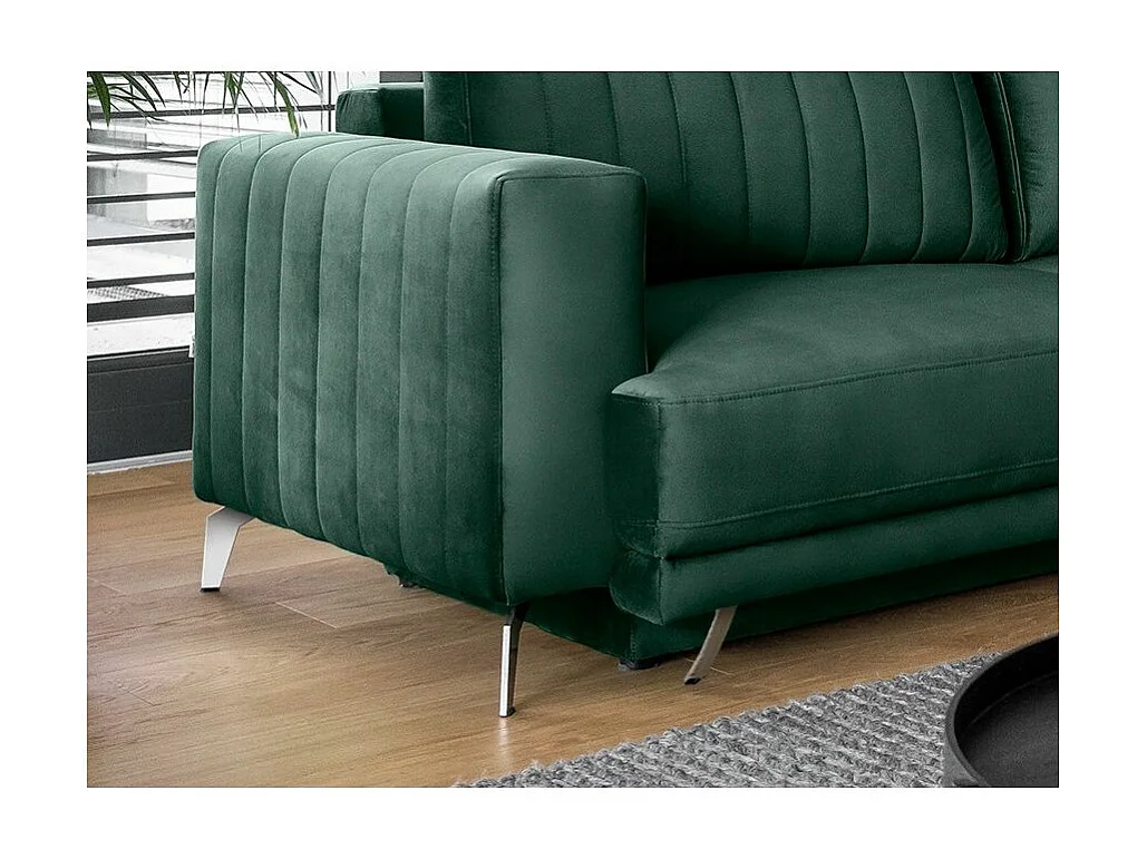 Canapé convertible design 3-4 places velours vert anglais et pieds acier chromé Eliza 250cm