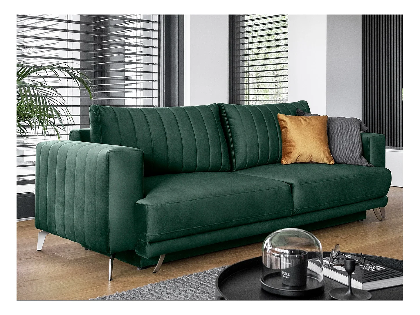Canapé convertible design 3-4 places velours vert anglais et pieds acier chromé Eliza 250cm