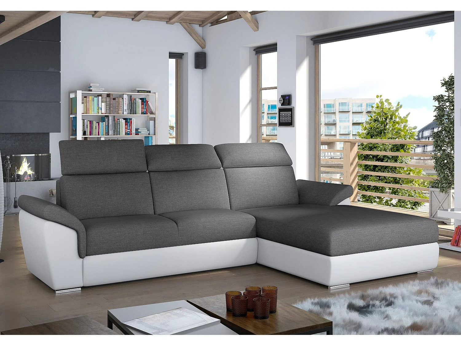 Canapé convertible d'angle droit simili blanc et tissu gris foncé Suzy 272cm