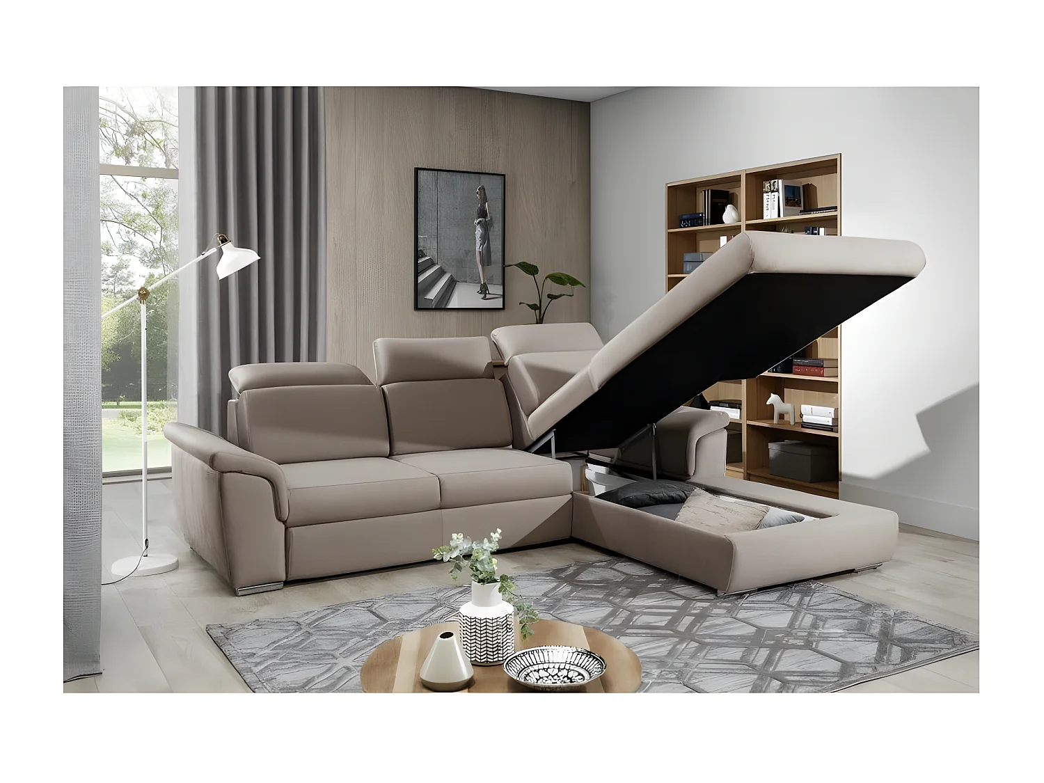 Canapé convertible d'angle droit simili blanc et tissu gris foncé Suzy 272cm