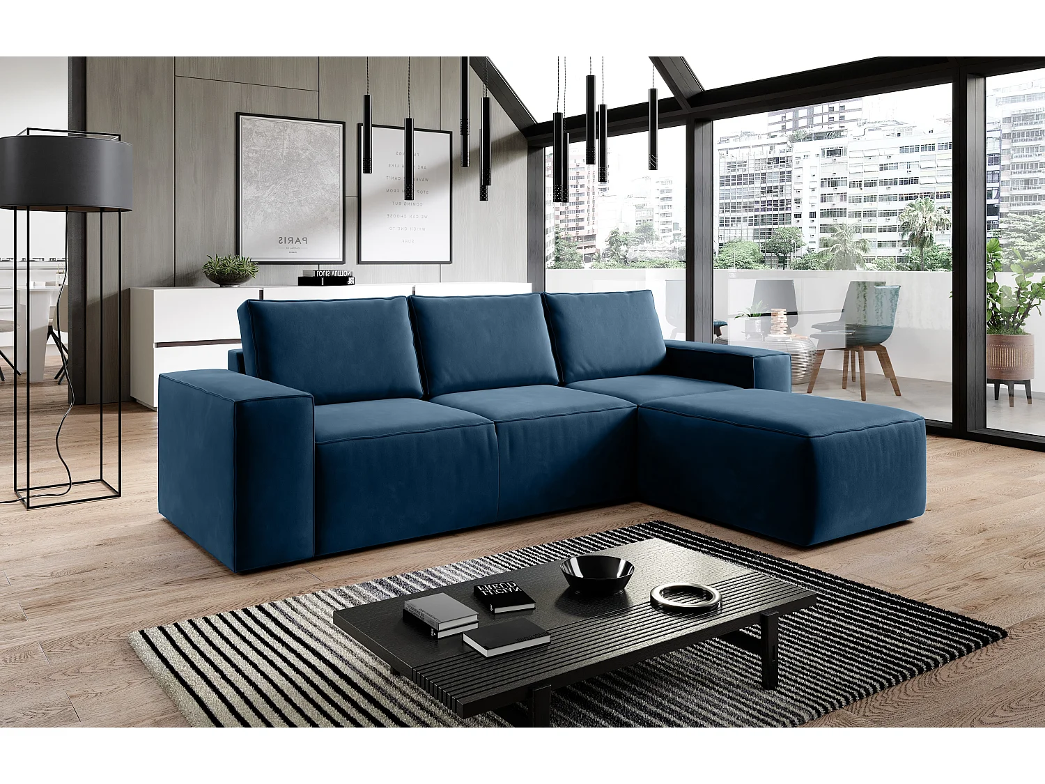 Canapé d'angle droit convertible moderne tissu bleu foncé Willace 302cm