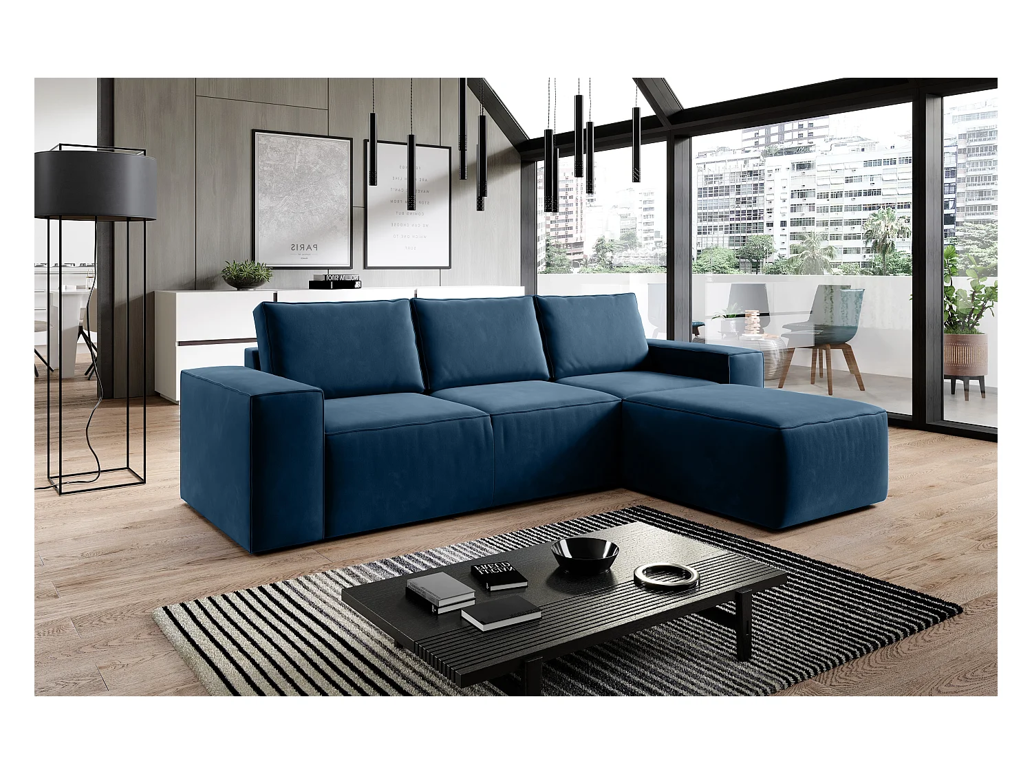 Canapé d'angle droit convertible moderne tissu bleu foncé Willace 302cm