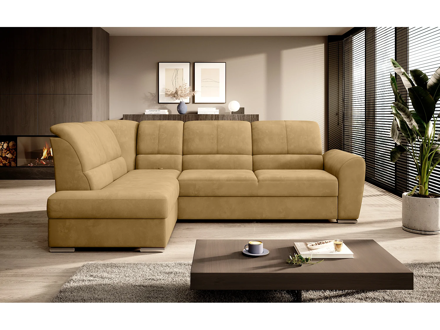 Converteerbare hoekbank links in zachtgele stof en chroomstalen poten Zabor 270 cm