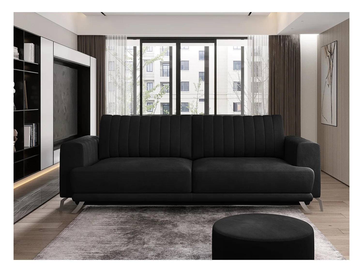 Canapé convertible design 3-4 places velours noir et pieds acier chromé Eliza 250cm