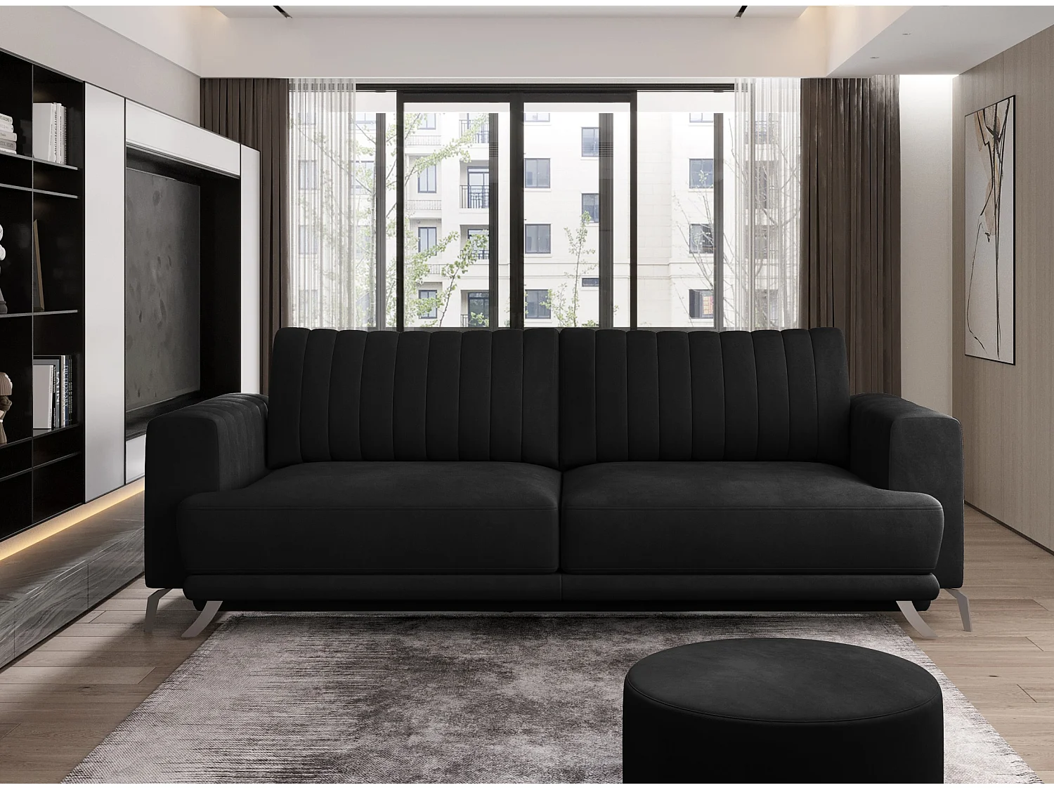 Canapé convertible design 3-4 places velours noir et pieds acier chromé Eliza 250cm