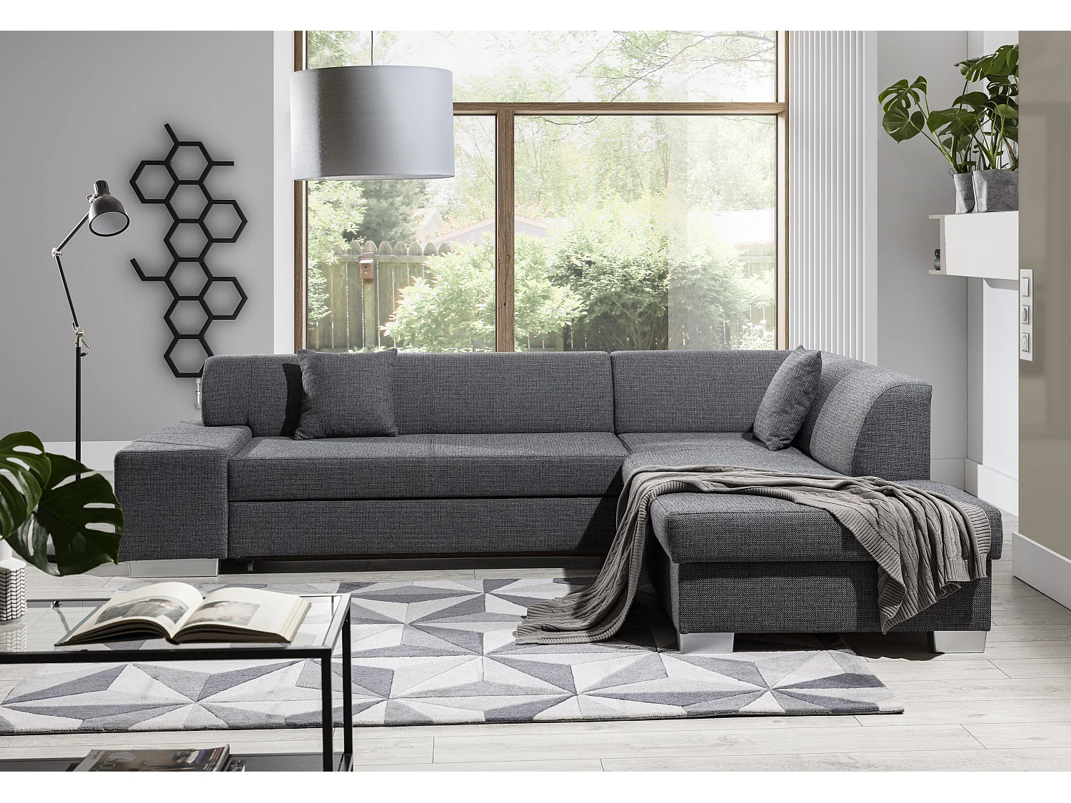 Moderne slaapbank linkerhoek lichtgrijs gemêleerde stof Plazo 278 cm