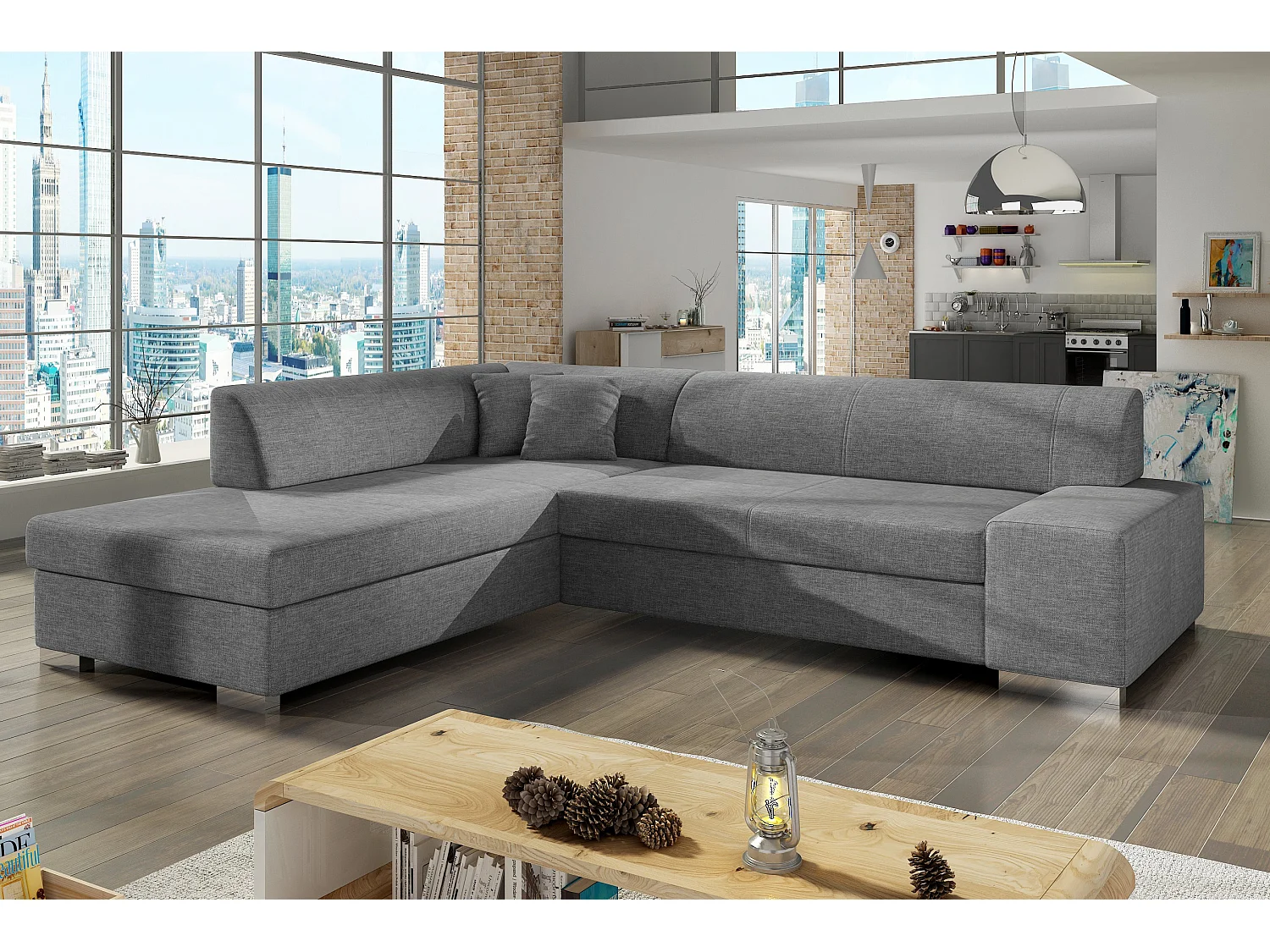 Canapé convertible moderne angle gauche tissu gris clair chiné Plazo 278cm