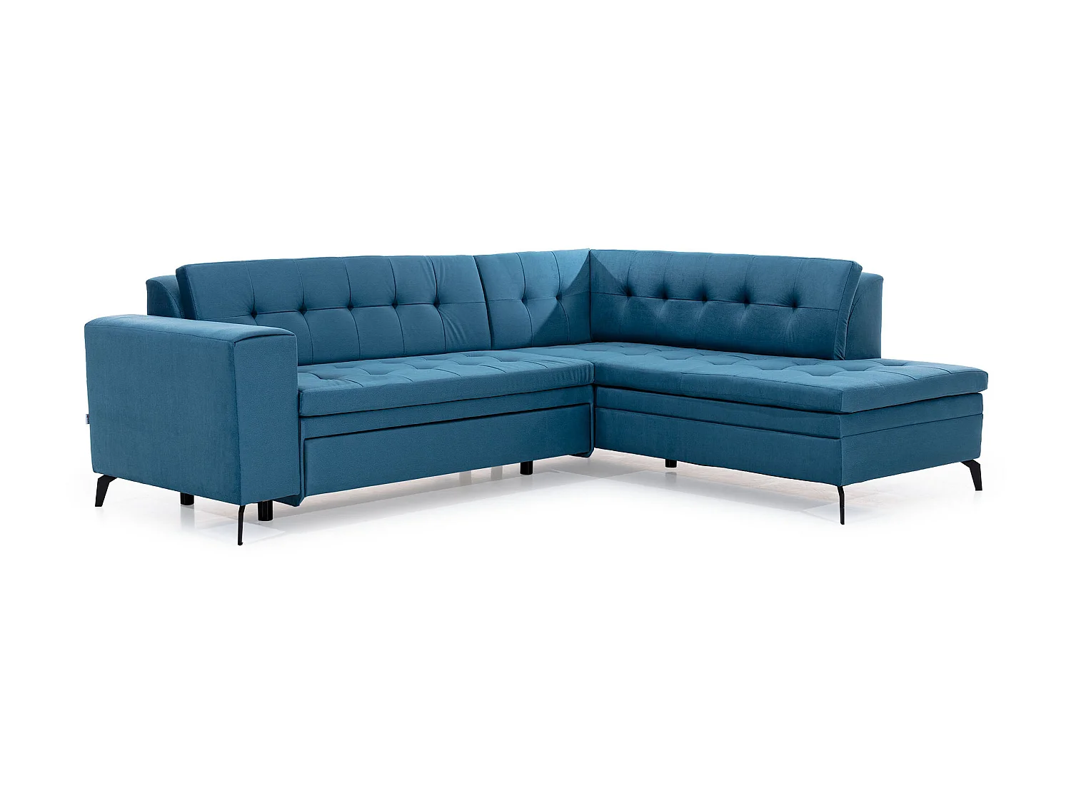 Canapé convertible capitonné angle droit tissu bleu canard Larry 260cm