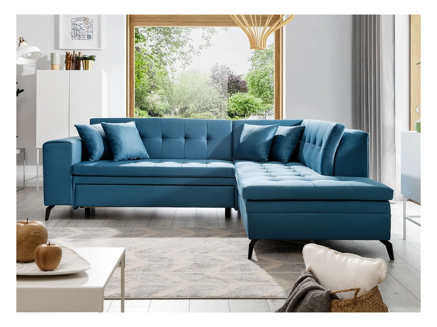 Canapé convertible capitonné angle droit tissu bleu canard Larry 260cm