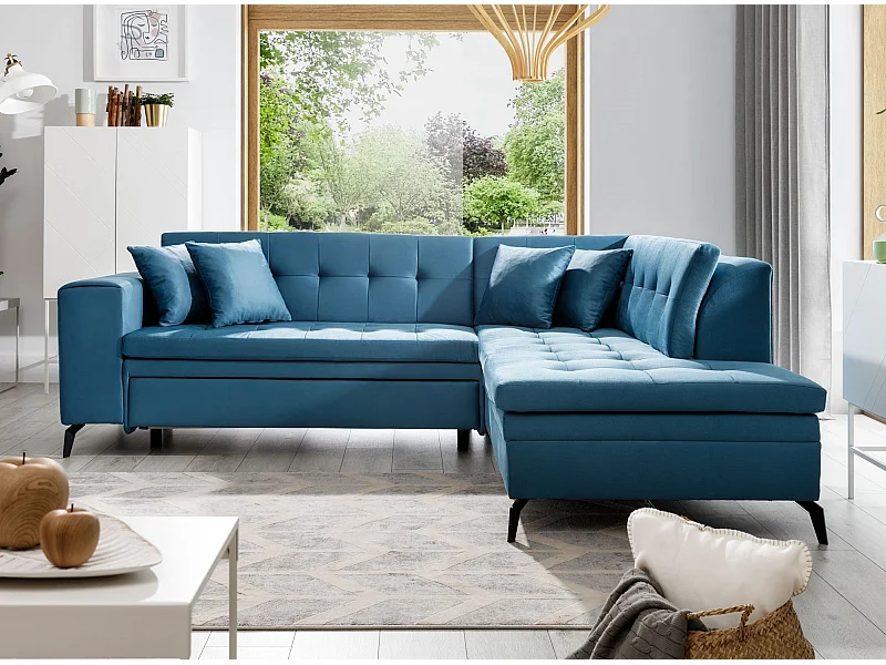 Canapé convertible capitonné angle droit tissu bleu canard Larry 260cm