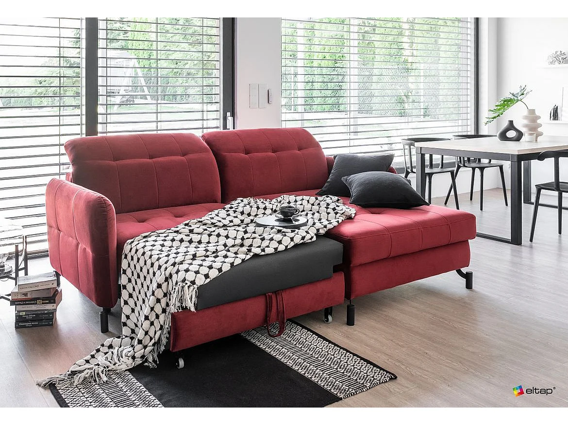 Canapé convertible angle droit avec têtières réglables velours matelassé gris Lory 225cm