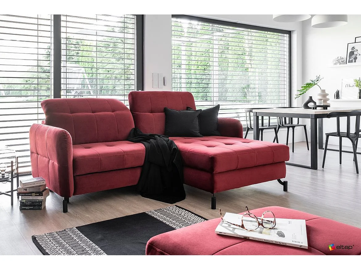 Canapé convertible angle droit avec têtières réglables velours matelassé gris Lory 225cm