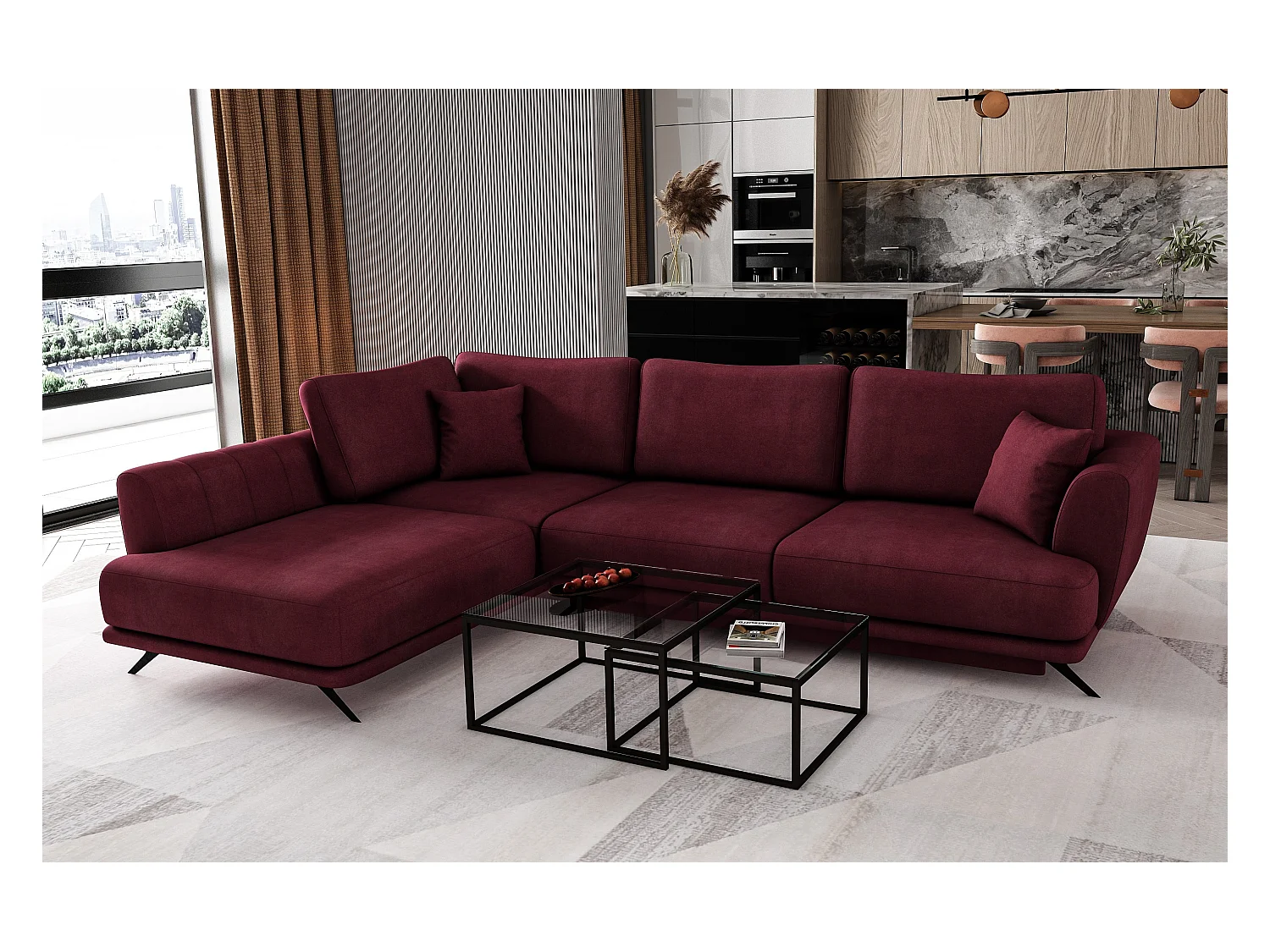 Canapé convertible angle gauche velours bordeaux Savary 280cm