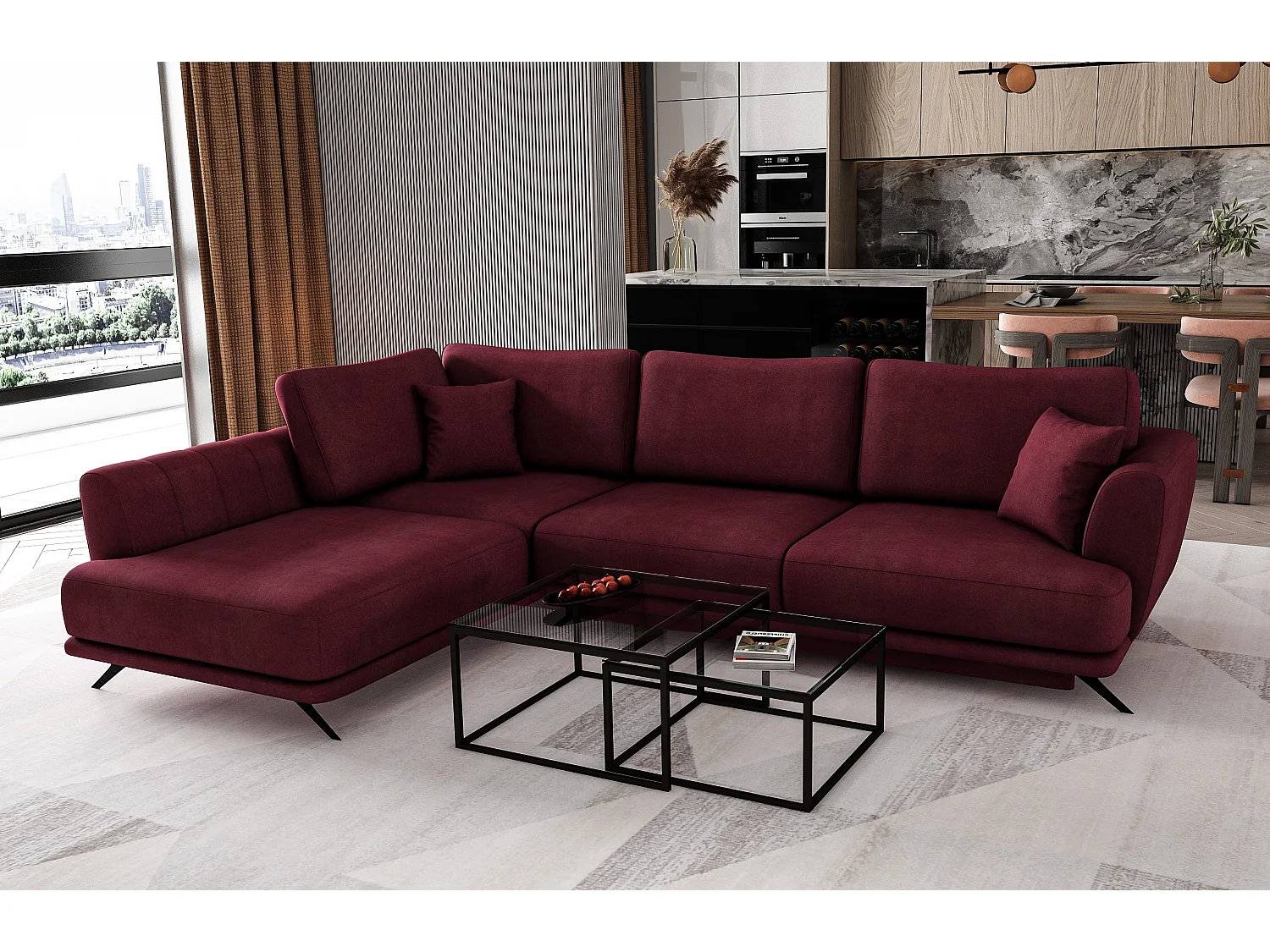 Canapé convertible angle gauche velours bordeaux Savary 280cm