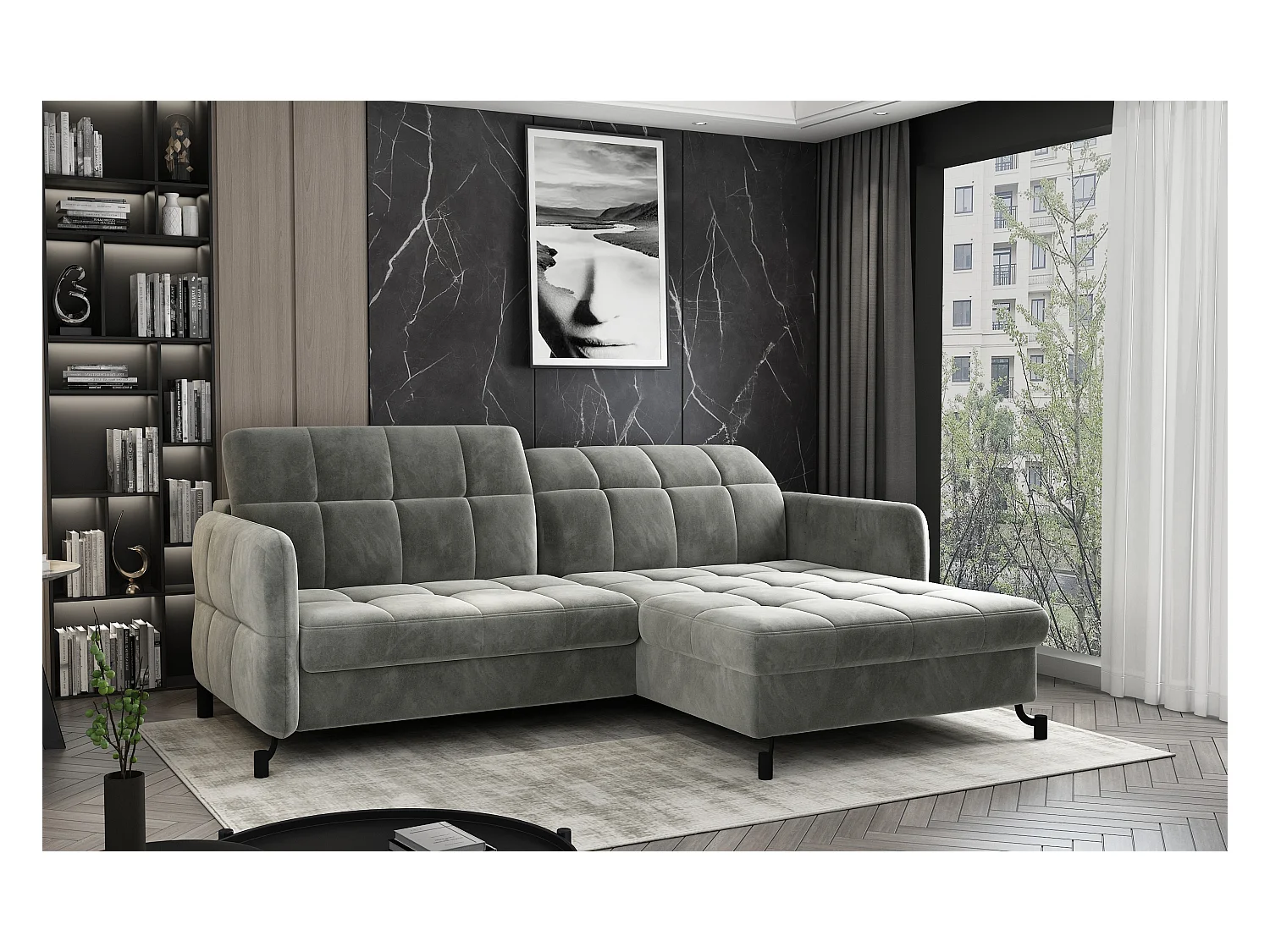 Canapé d'angle convertible velours avec coffre de rangement LORI-Beige clair-angle droit