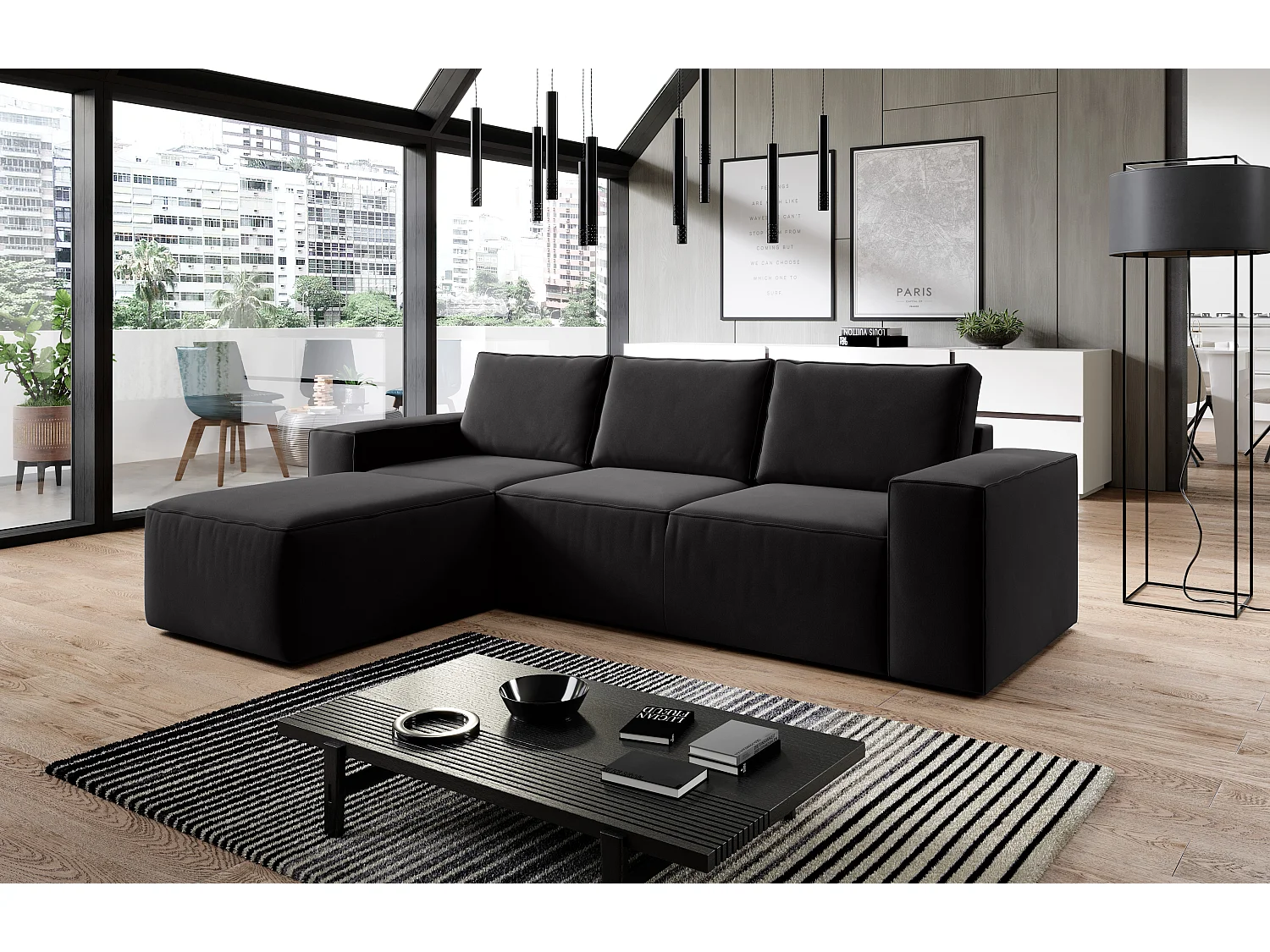 Moderne zwart fluwelen converteerbare hoekbank links Willace 302 cm